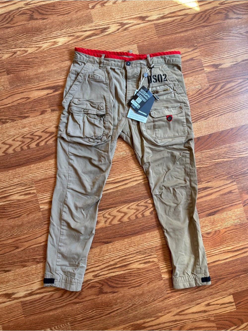Dsquared2 Men's Khaki Cargo Pants with Red Waistband